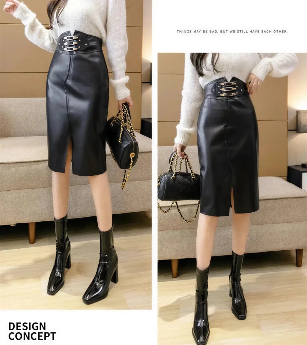 Black High Waist Leather Pencil Skirt for Women XS Windia