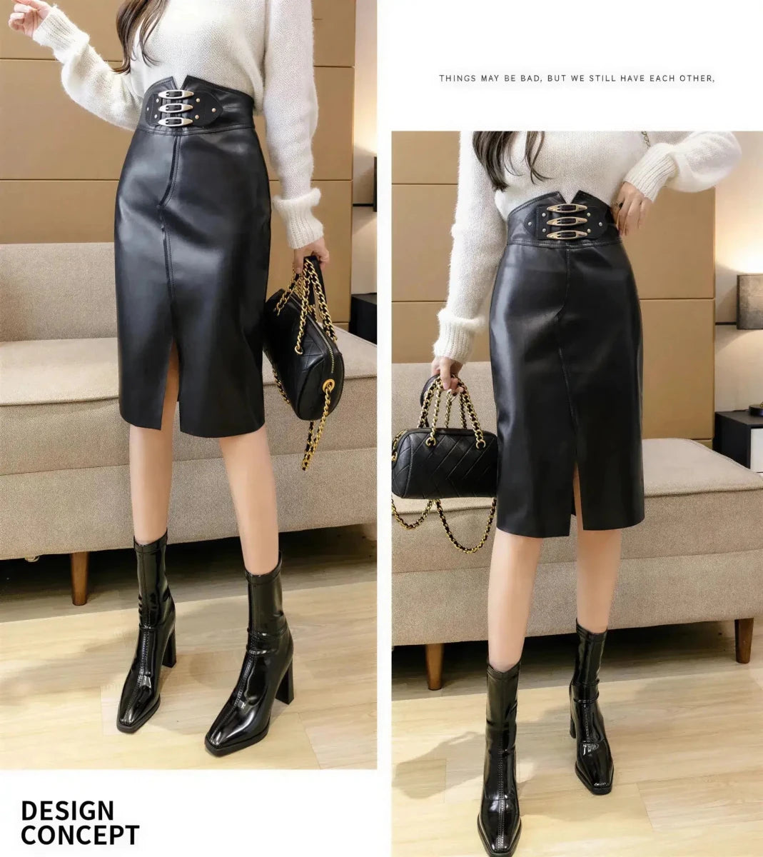Black High Waist Leather Pencil Skirt for Women XS Windia