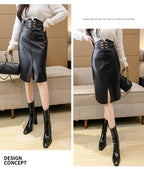 Black High Waist Leather Pencil Skirt for Women - Windia