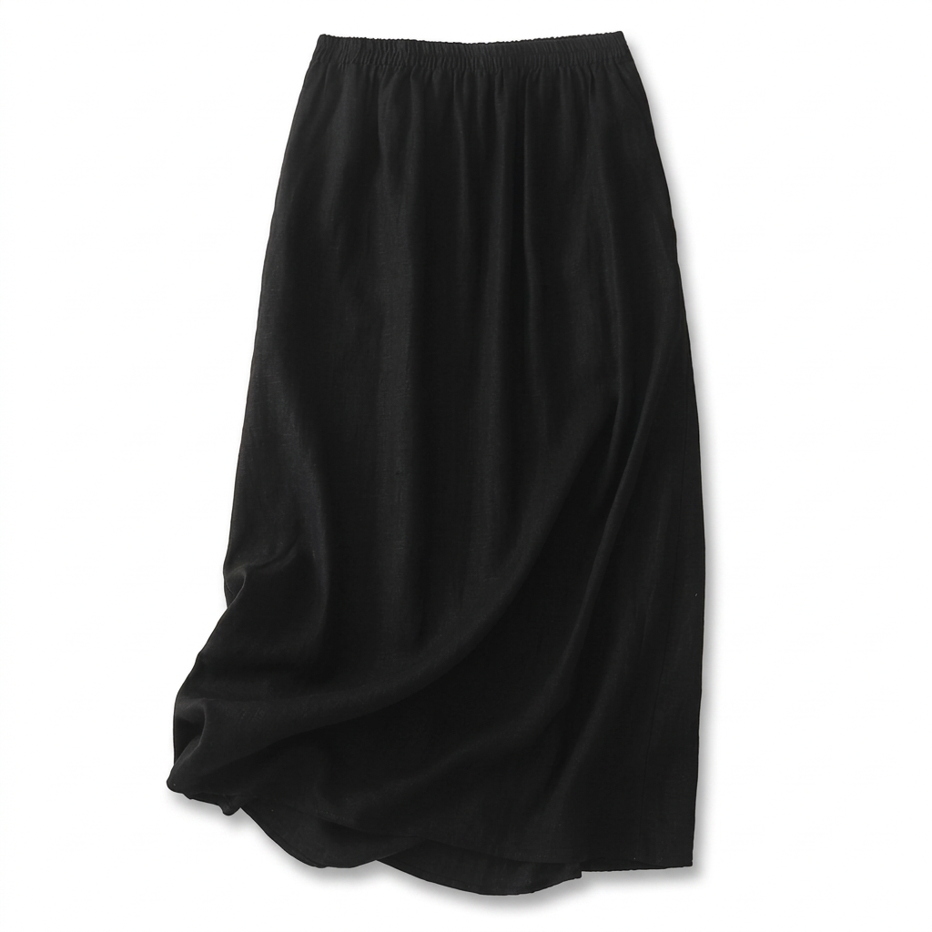 Black linen skirt on white background