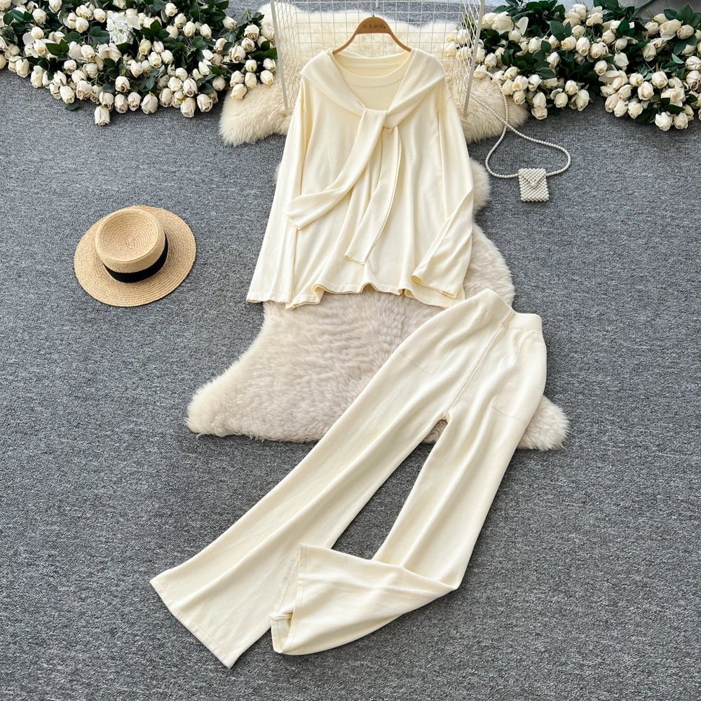 Casual Two-Piece Knit Sweat Suit | Tie-Front Top & Wide Leg Pants Set - Windia