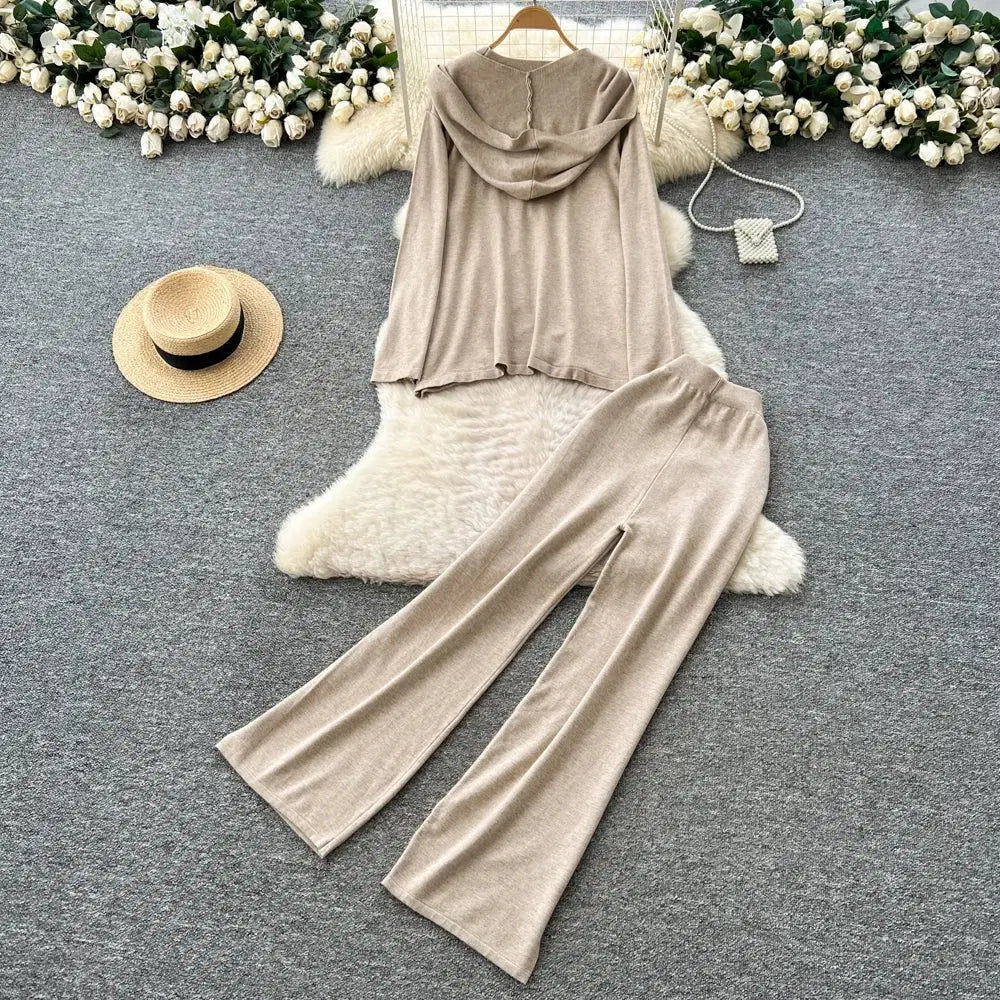 Casual Two-Piece Knit Sweat Suit | Tie-Front Top & Wide Leg Pants Set One size Windia