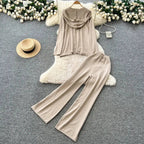 Casual Two-Piece Knit Sweat Suit | Tie-Front Top & Wide Leg Pants Set One size Windia
