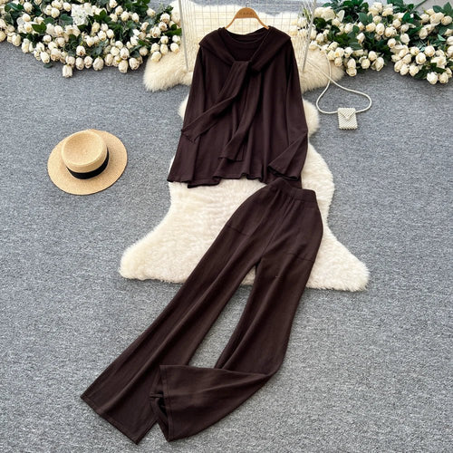 Casual Two-Piece Knit Sweat Suit | Tie-Front Top & Wide Leg Pants Set - Windia