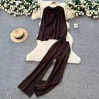 Casual Two-Piece Knit Sweat Suit | Tie-Front Top & Wide Leg Pants Set One size Windia