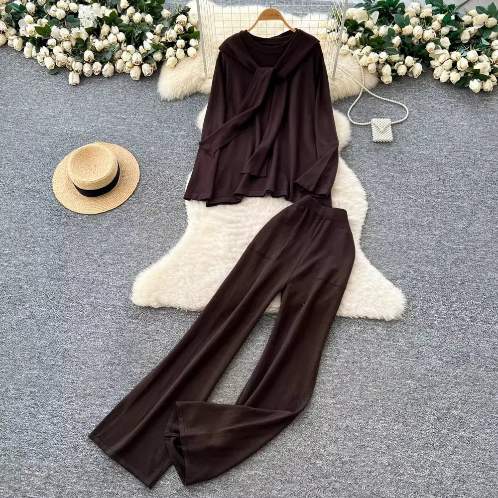 Casual Two-Piece Knit Sweat Suit | Tie-Front Top & Wide Leg Pants Set One size Windia