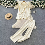 Casual Two-Piece Knit Sweat Suit | Tie-Front Top & Wide Leg Pants Set One size Windia