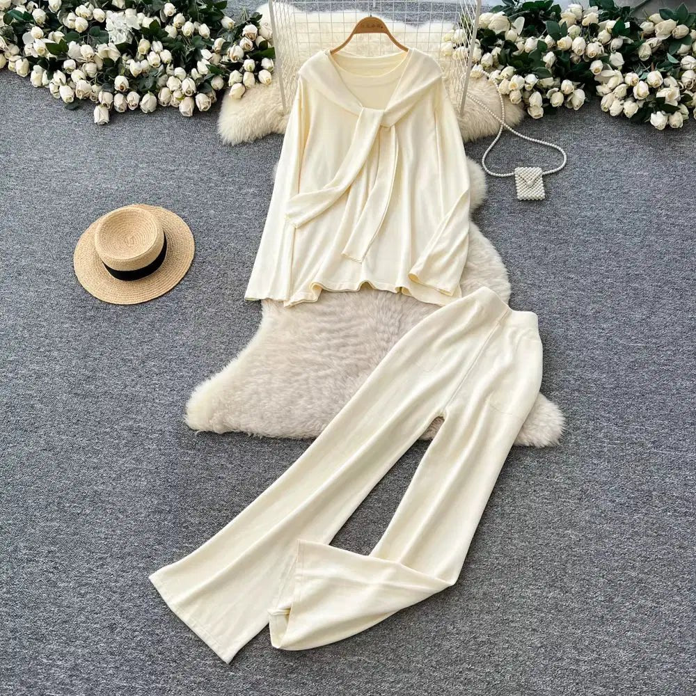 Casual Two-Piece Knit Sweat Suit | Tie-Front Top & Wide Leg Pants Set One size Windia
