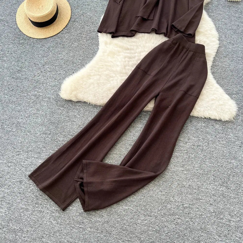 Casual Two-Piece Knit Sweat Suit | Tie-Front Top & Wide Leg Pants Set One size Windia