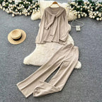 Casual Two-Piece Knit Sweat Suit | Tie-Front Top & Wide Leg Pants Set One size Windia