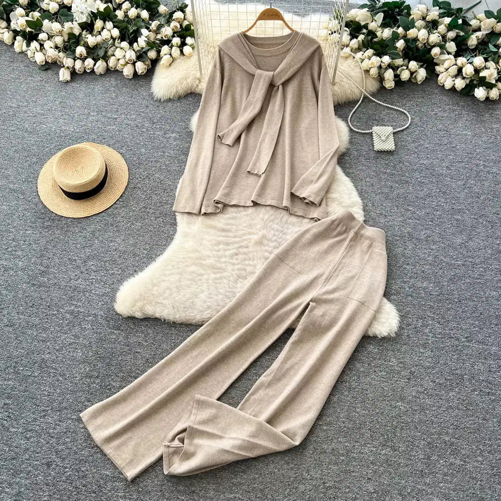 Casual Two-Piece Knit Sweat Suit | Tie-Front Top & Wide Leg Pants Set One size Windia