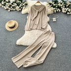 Casual Two-Piece Knit Sweat Suit | Tie-Front Top & Wide Leg Pants Set One size Windia