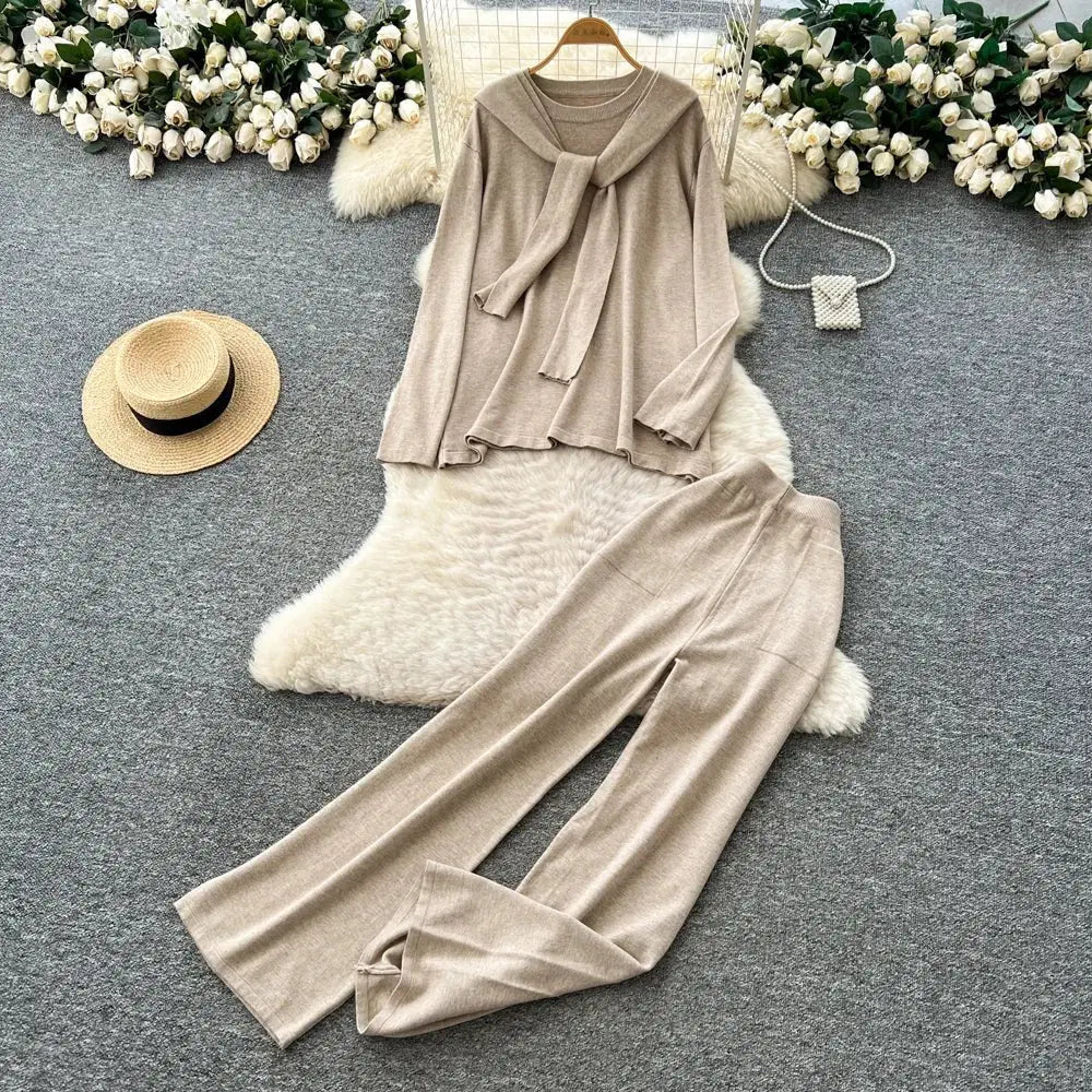 Casual Two-Piece Knit Sweat Suit | Tie-Front Top & Wide Leg Pants Set One size Windia