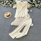 Casual Two-Piece Knit Sweat Suit | Tie-Front Top & Wide Leg Pants Set One size Windia