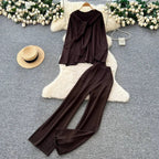 Casual Two-Piece Knit Sweat Suit | Tie-Front Top & Wide Leg Pants Set One size Windia