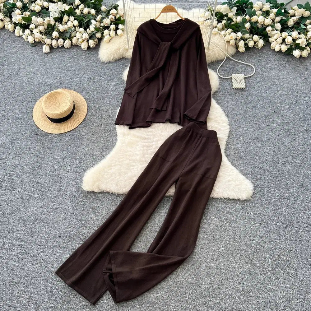 Casual Two-Piece Knit Sweat Suit | Tie-Front Top & Wide Leg Pants Set One size Windia