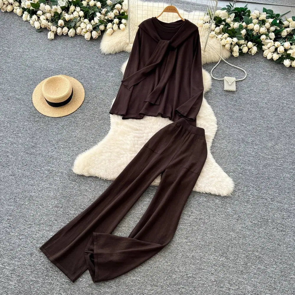 Casual Two-Piece Knit Sweat Suit | Tie-Front Top & Wide Leg Pants Set One size Windia
