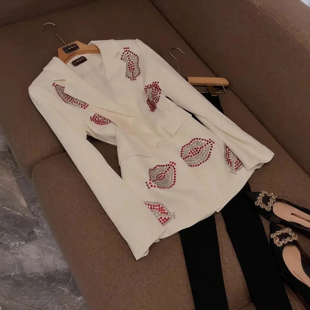 Crystal Rhinestone Blazer for Women – Single-Breasted Notched Collar Office Jacket White Windia