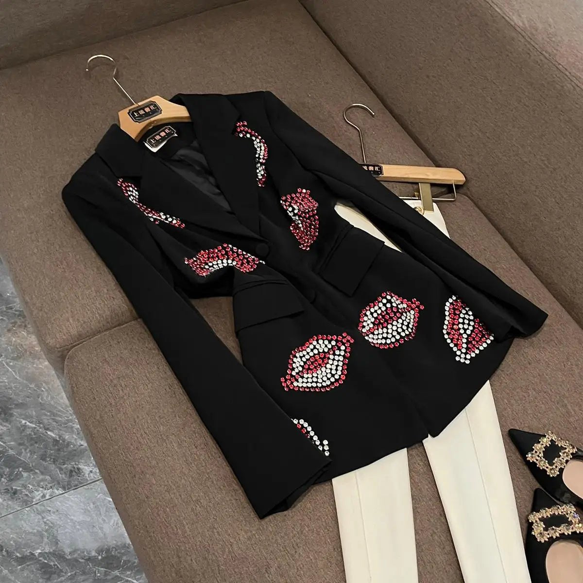 Crystal Rhinestone Blazer for Women – Single-Breasted Notched Collar Office Jacket - Windia