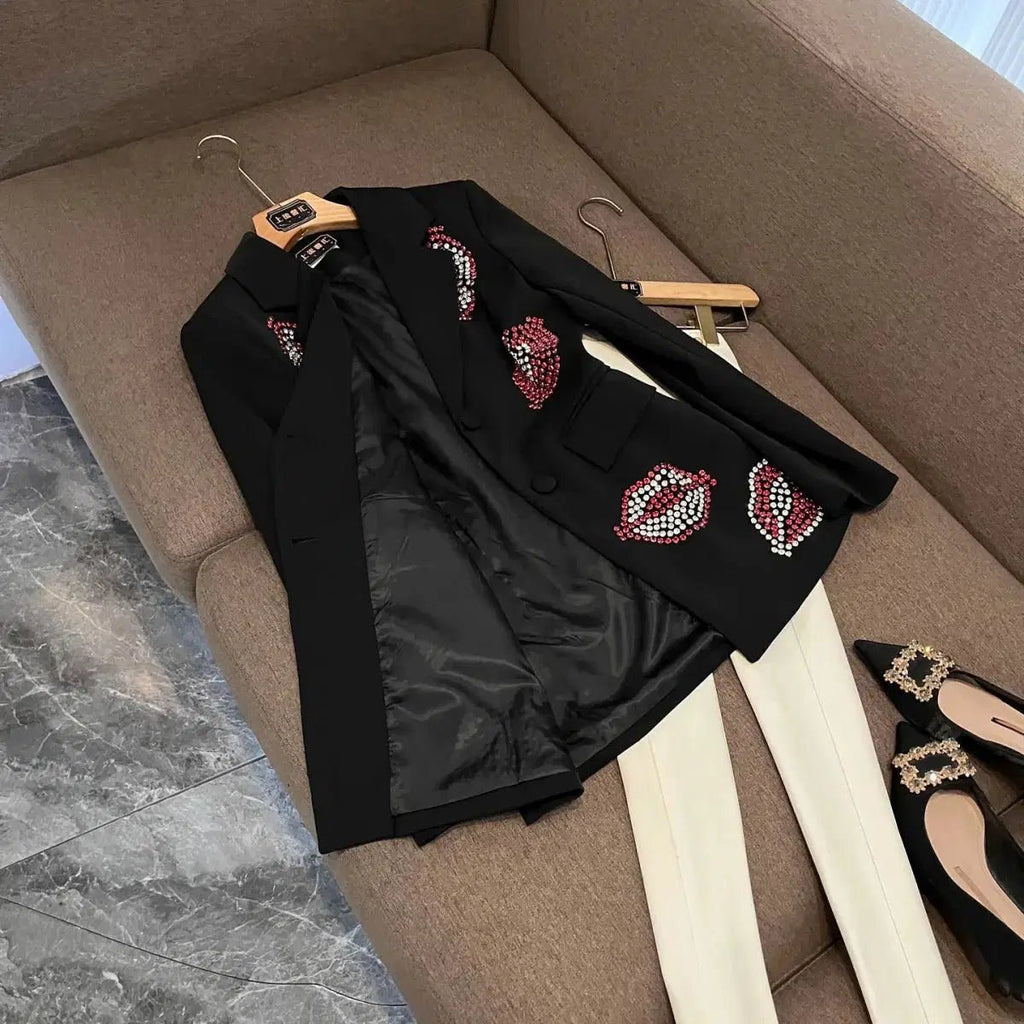 Crystal Rhinestone Blazer for Women – Single-Breasted Notched Collar Office Jacket Black Windia