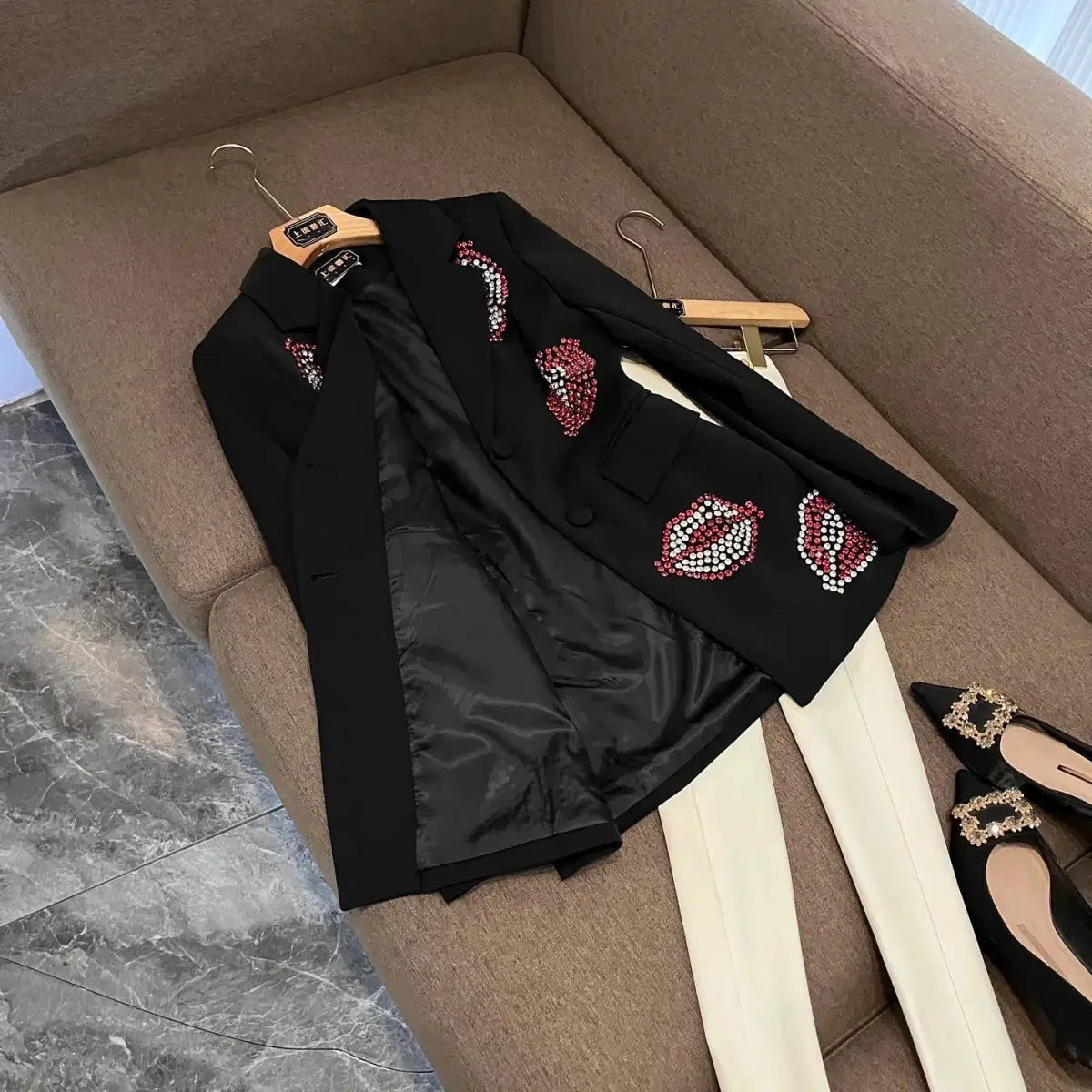 Crystal Rhinestone Blazer for Women – Single-Breasted Notched Collar Office Jacket Black Windia
