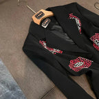 Crystal Rhinestone Blazer for Women – Single-Breasted Notched Collar Office Jacket Black Windia