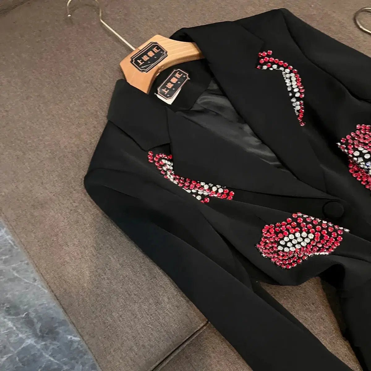 Crystal Rhinestone Blazer for Women – Single-Breasted Notched Collar Office Jacket Black Windia