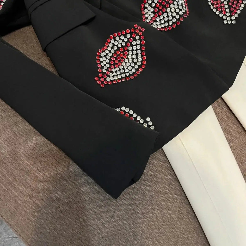 Crystal Rhinestone Blazer for Women – Single-Breasted Notched Collar Office Jacket Black Windia