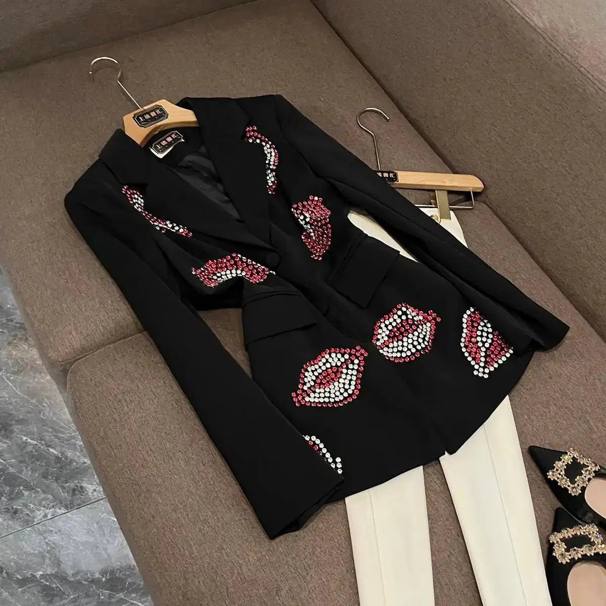 Crystal Rhinestone Blazer for Women – Single-Breasted Notched Collar Office Jacket Black Windia