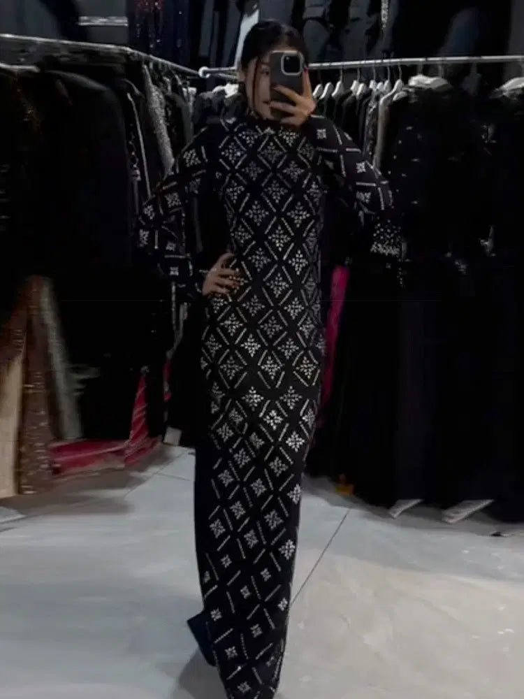 Hot Drilling Maxi Dress | Long Sleeve Party Dress for Women Black Windia