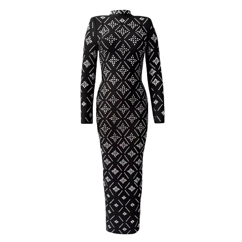 Hot Drilling Maxi Dress | Long Sleeve Party Dress for Women Black Windia