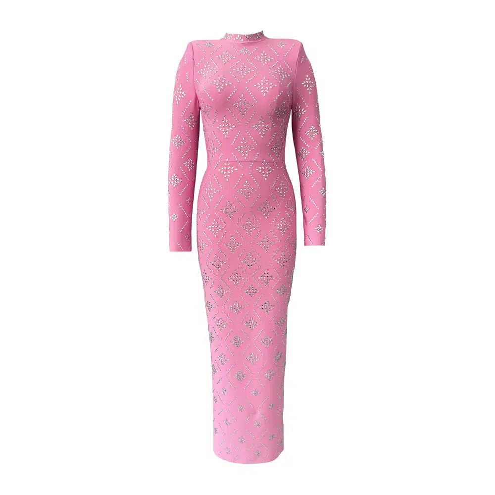 Hot Drilling Maxi Dress | Long Sleeve Party Dress for Women Pink Windia