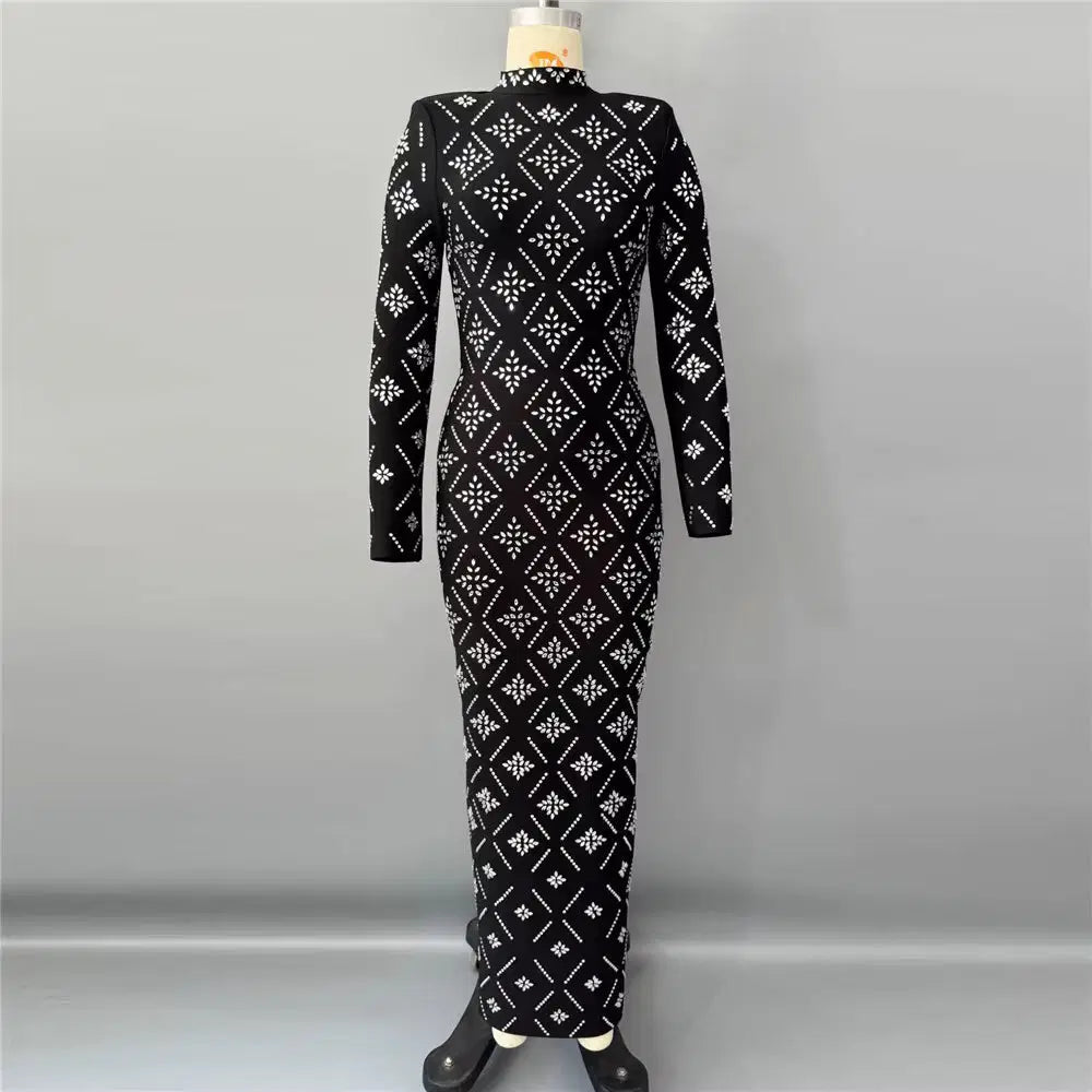 Hot Drilling Maxi Dress | Long Sleeve Party Dress for Women Black Windia