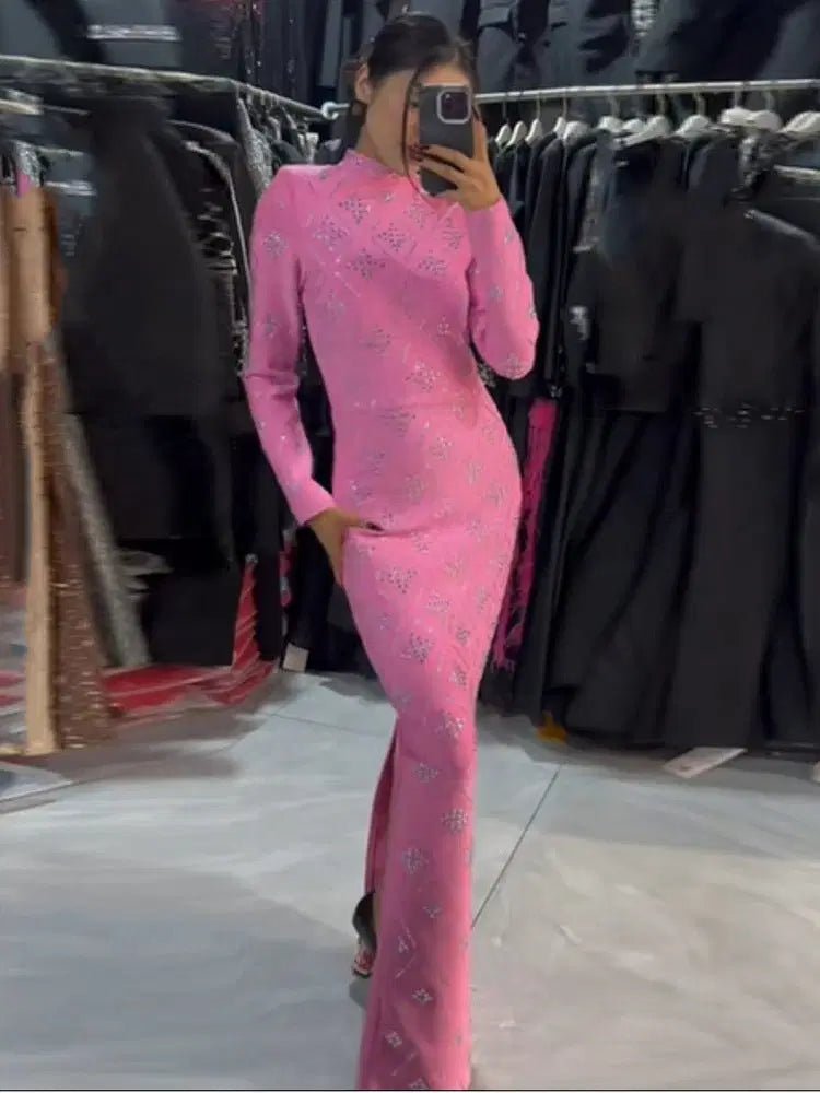 Hot Drilling Maxi Dress | Long Sleeve Party Dress for Women Black Windia