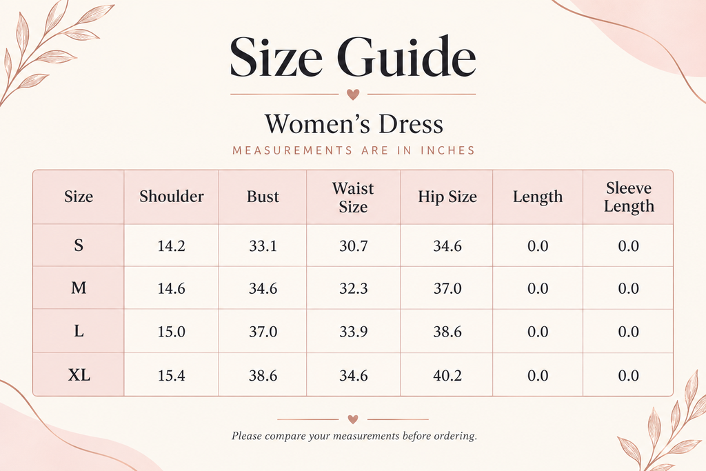 Women's dress size chart in inches
