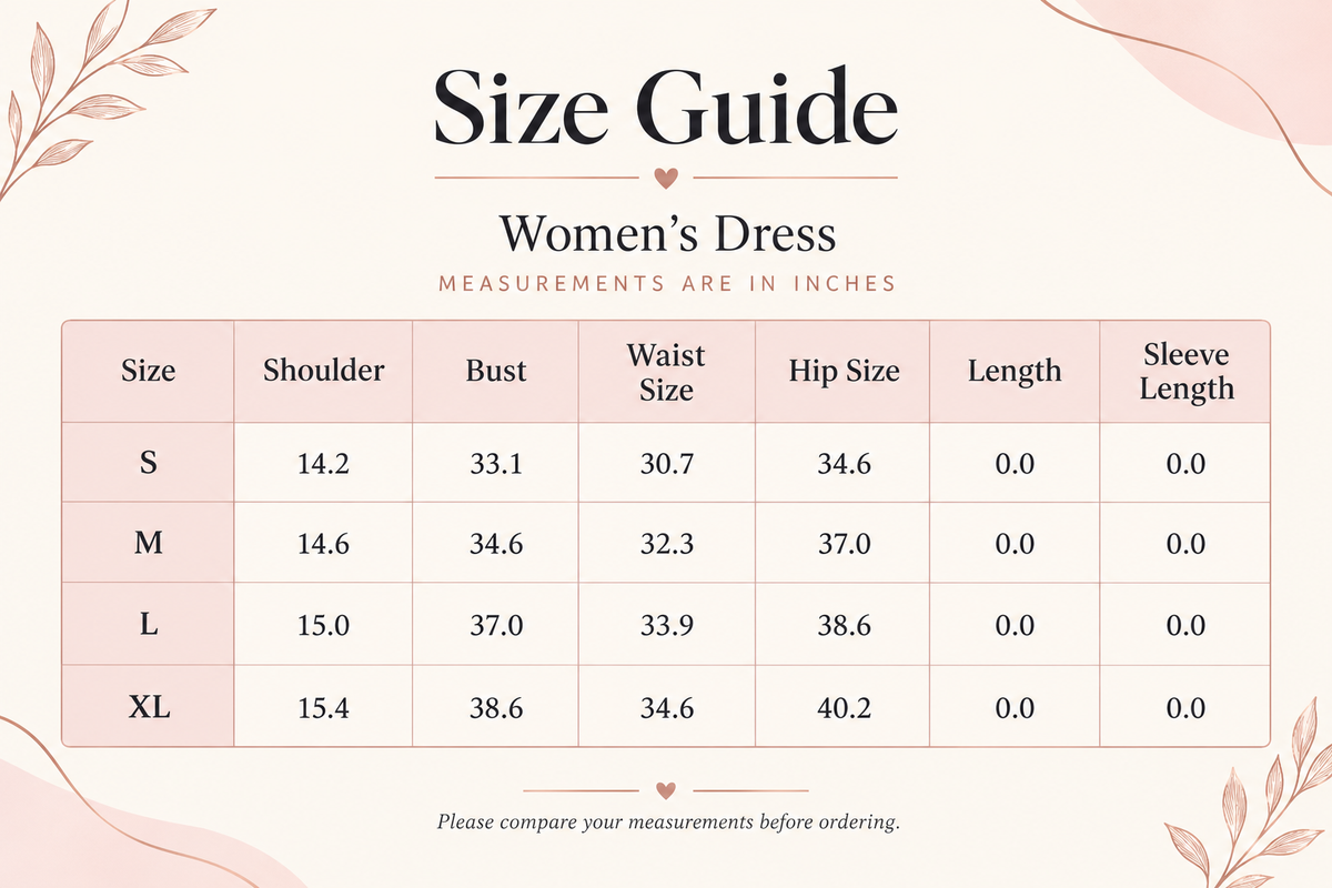 Women's dress size chart in inches