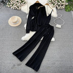 Korean-Style Casual Two-Piece Set — Polo-Collar Knitted Top & Pants One size Windia