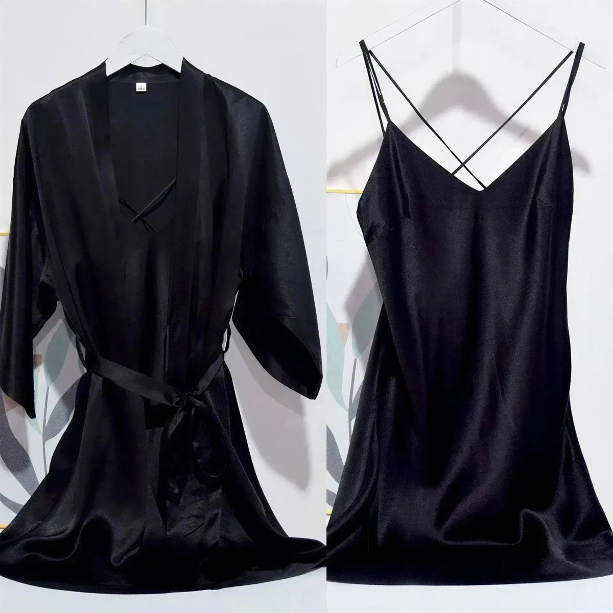 Luxury 100% Mulberry Silk Sleepwear Robe Set Black Windia