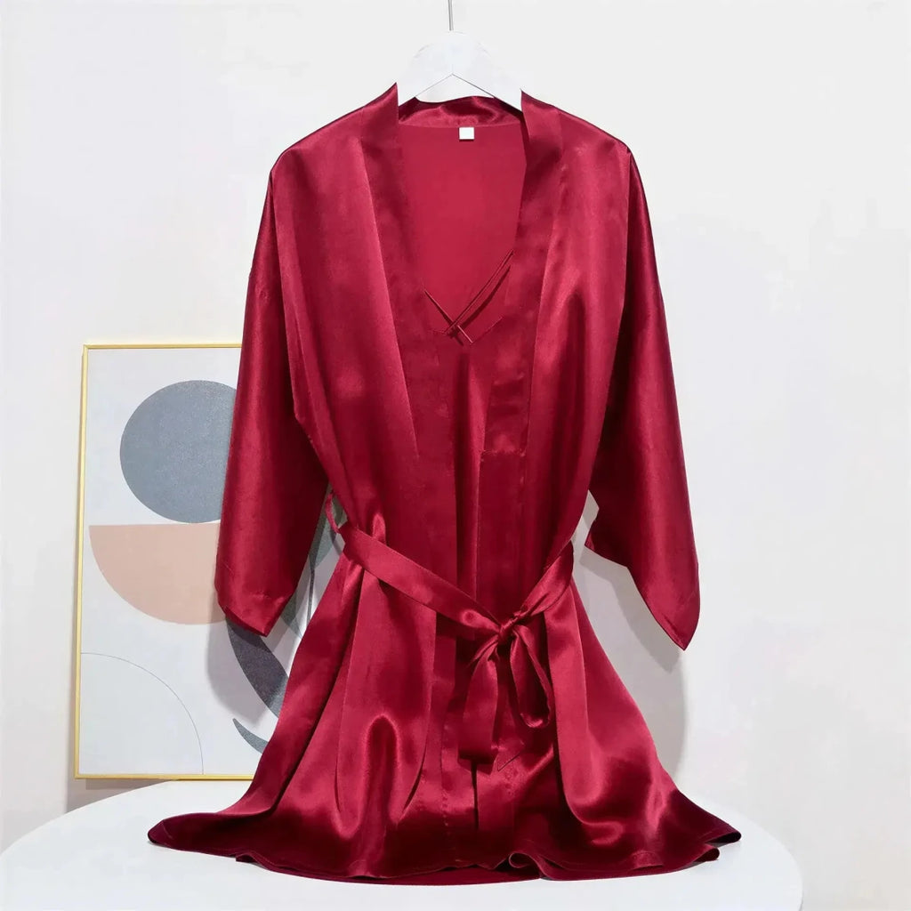 Luxury 100% Mulberry Silk Sleepwear Robe Set Black Windia