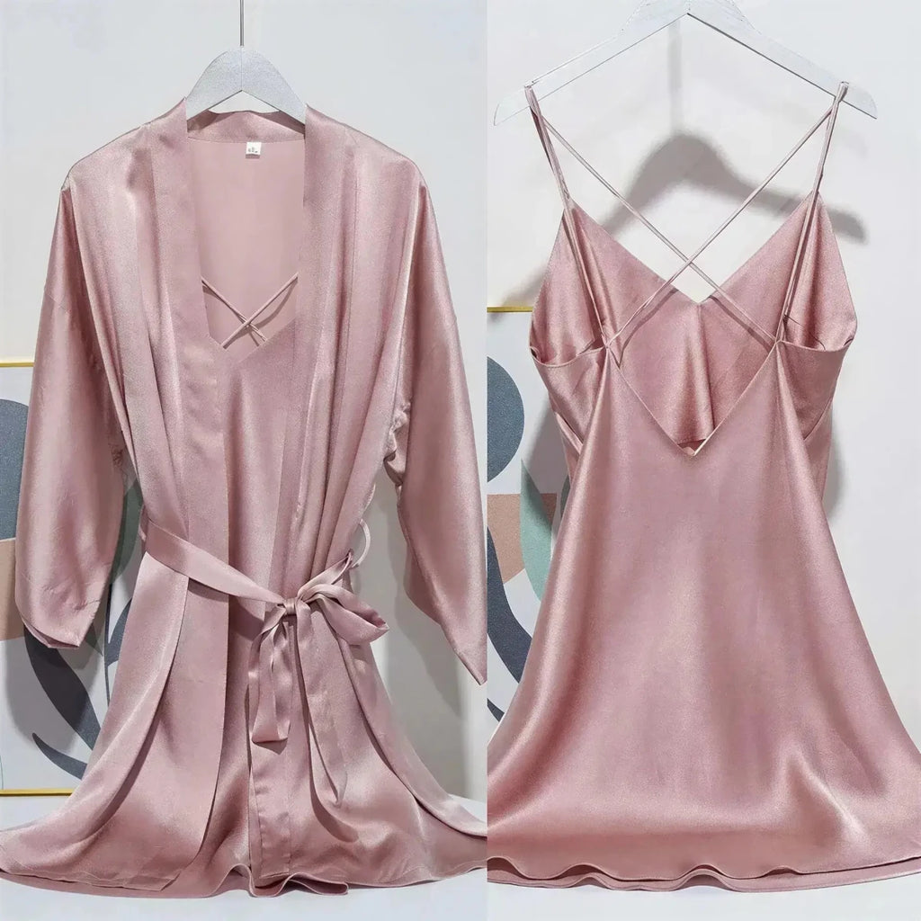 Luxury 100% Mulberry Silk Sleepwear Robe Set Pink Windia