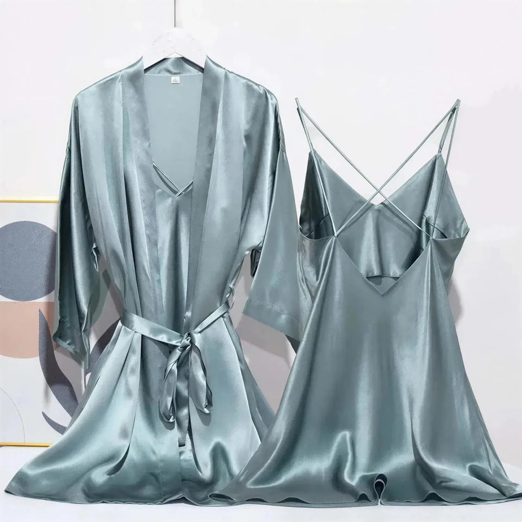 Luxury 100% Mulberry Silk Sleepwear Robe Set Light Blue Windia