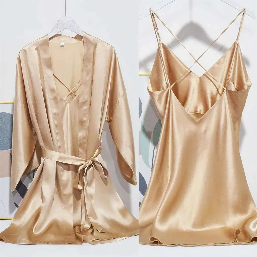 Luxury 100% Mulberry Silk Sleepwear Robe Set Tan Windia