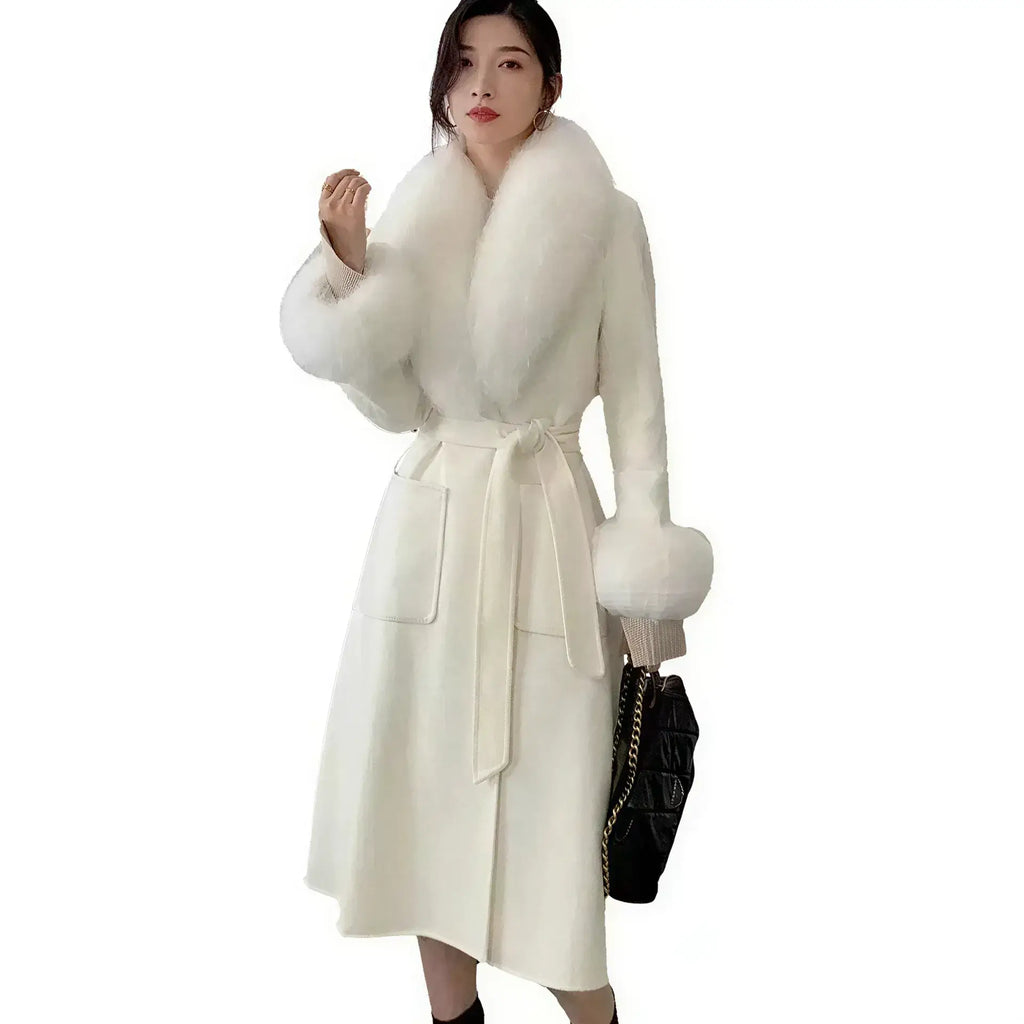 Luxury Wool Coat with Detachable Fox Fur Collar - Women's Winter Outerwear - Windia