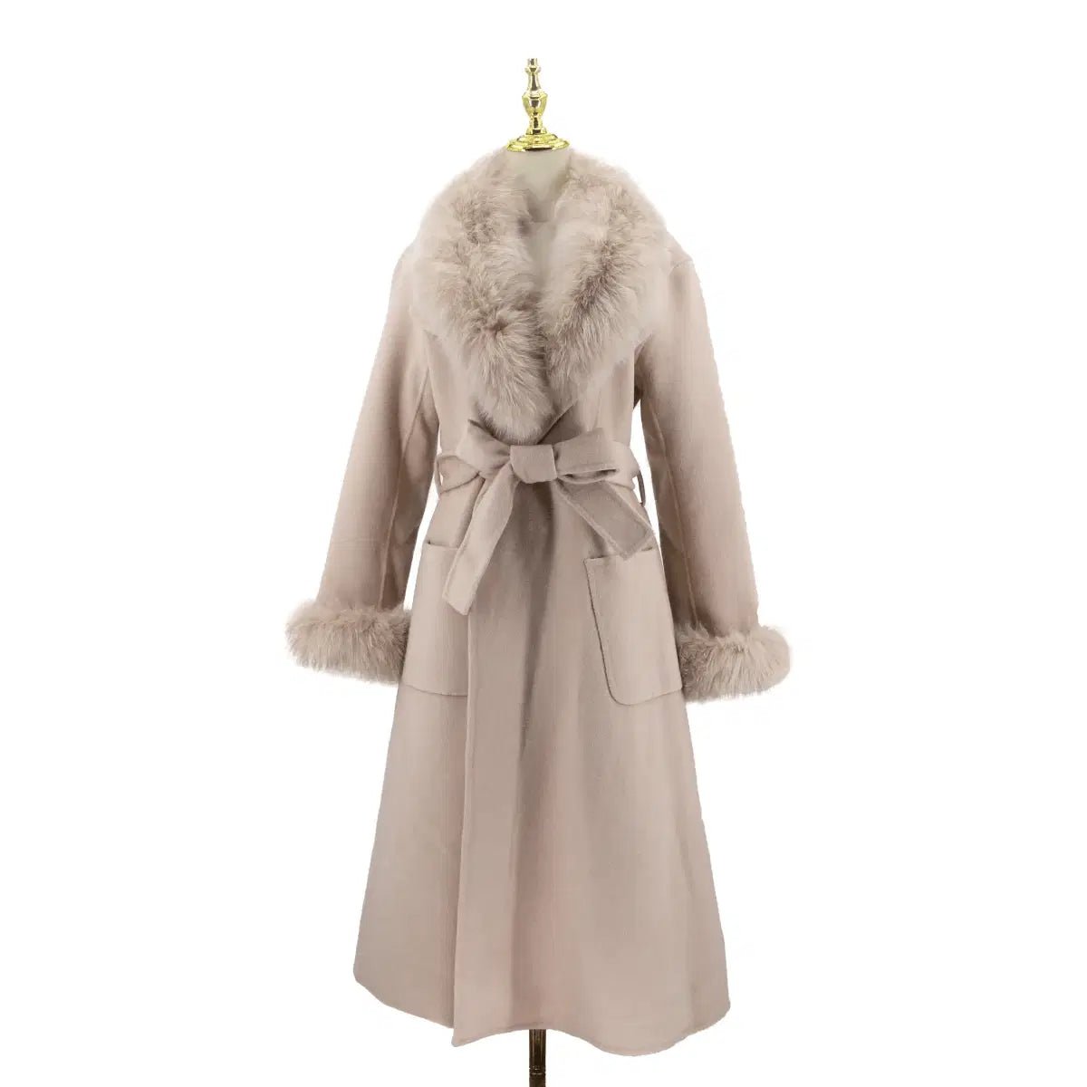 Luxury Wool Coat with Detachable Fox Fur Collar - Women's Winter Outerwear L Windia
