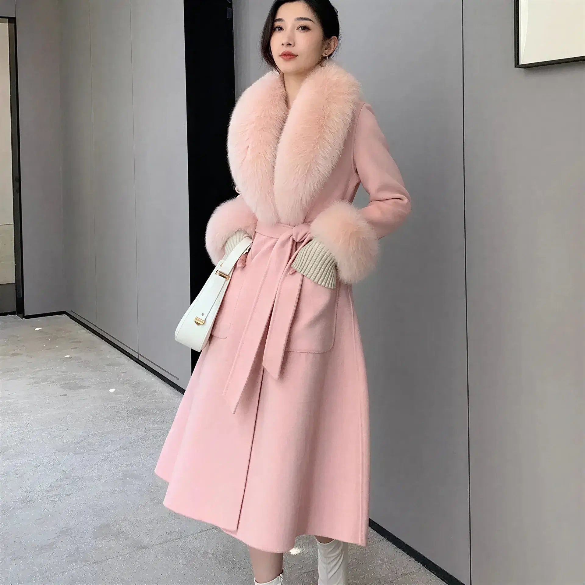 Luxury Wool Coat with Detachable Fox Fur Collar - Women's Winter Outerwear - Windia