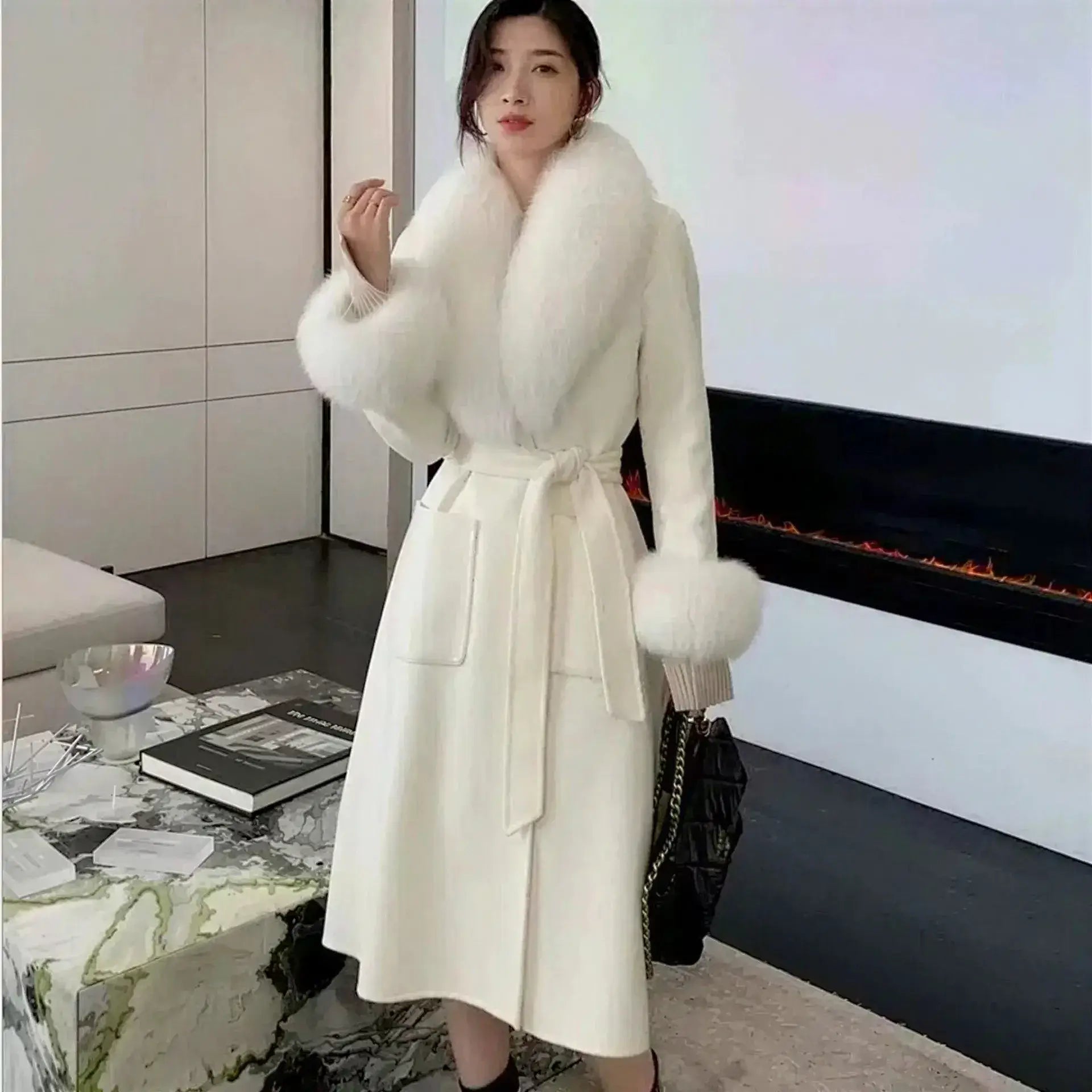 Luxury Wool Coat with Detachable Fox Fur Collar - Women's Winter Outerwear - Windia