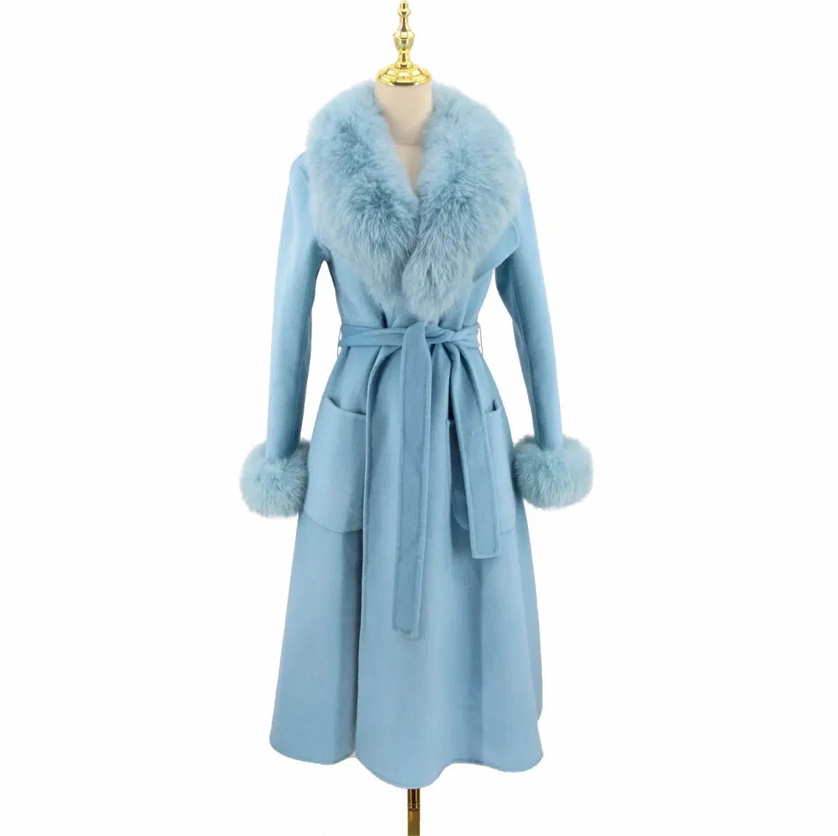 Luxury Wool Coat with Detachable Fox Fur Collar - Women's Winter Outerwear L Windia