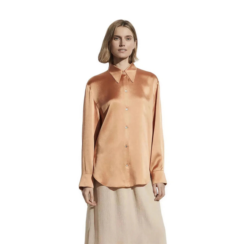 Pearl Silk Satin Lapel Shirt Embellished 100% Silk Satin Long Sleeve Blouse S Windia