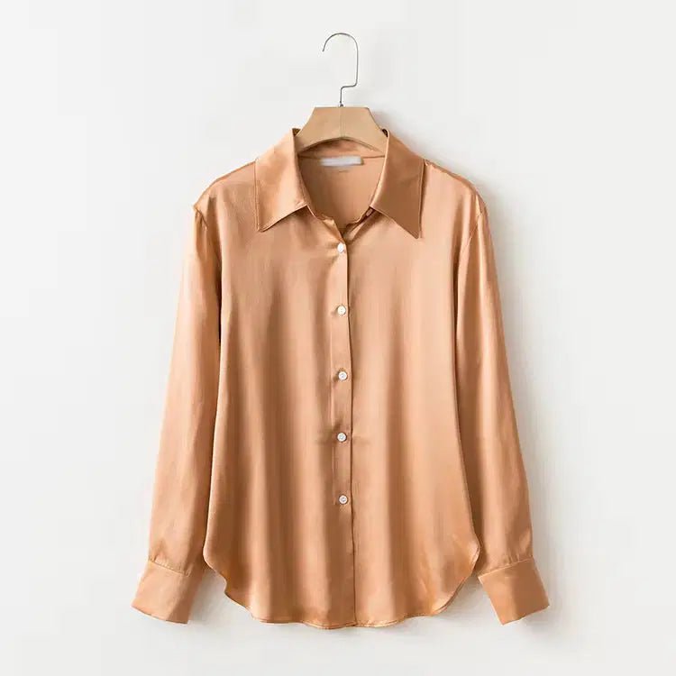 Pearl Silk Satin Lapel Shirt Embellished 100% Silk Satin Long Sleeve Blouse S Windia