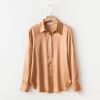 Pearl Silk Satin Lapel Shirt Embellished 100% Silk Satin Long Sleeve Blouse S Windia